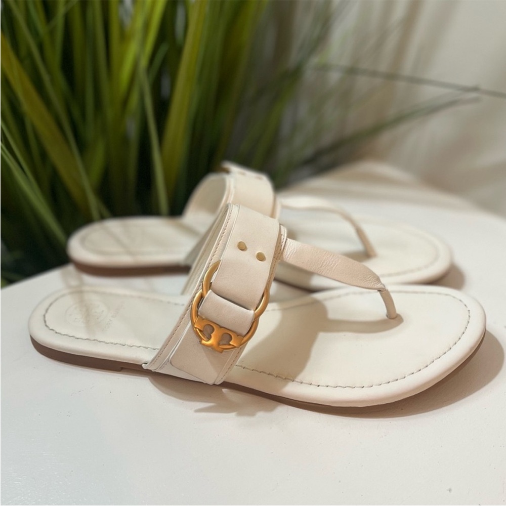 Tory Burch Marsden White Thong Sandals with Gold Accent
